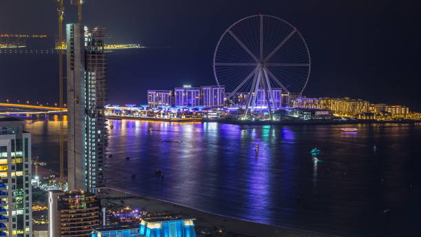 istock Bluewaters island aerial night timelapse with ferris wheel 1293023436