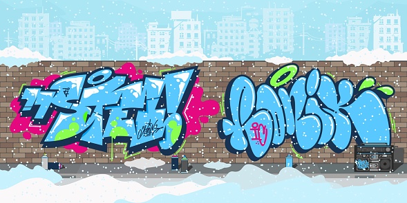 Winter Colorful Streetart Graffiti Wall Against The Background Of The Cityscape Vector