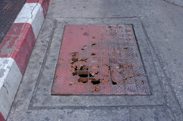 dangerous damaged steel drain lid - sign rusty industry no parking sign imagens e fotografias de stock