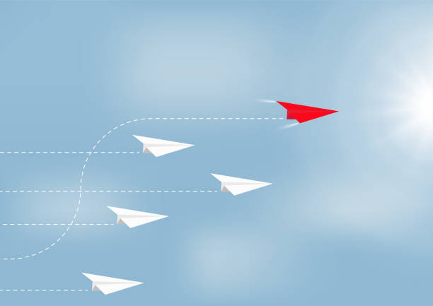 istock Paper airplanes flying with red airplane changing direction ahead, business competition leadership ambitious successful goal concept vector illustration 1293028628