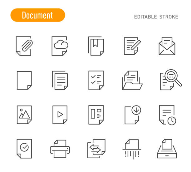 ilustraciones, imágenes clip art, dibujos animados e iconos de stock de iconos de documento - serie de líneas - trazo editable - checklist clipboard organization document