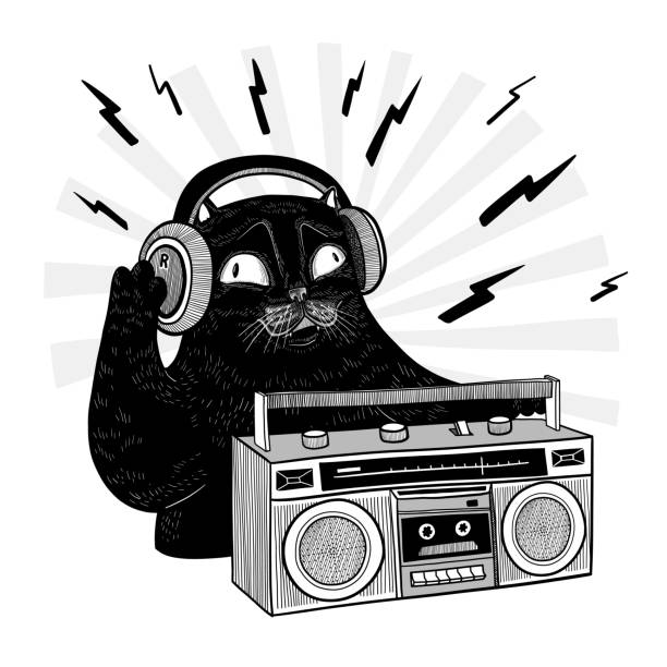 ilustrações, clipart, desenhos animados e ícones de vetor gato preto bonito com fones de ouvido e gravador - listening music illustration and painting hand drawn