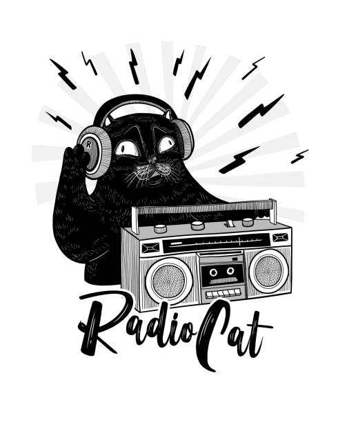 vektor süße schwarze katze mit kopfhörern, recorder und mit der aufschrift 'radio cat' - domestic cat audio stock-grafiken, -clipart, -cartoons und -symbole