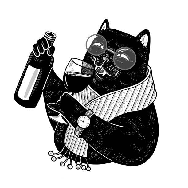 Black cat sommelier with bottle and glass of wine Black cat sommelier with bottle and glass of wine. Stylish character doodle illustration for menu, print, card, poster, wallpaper black and white eyeglasses clip art stock illustrations