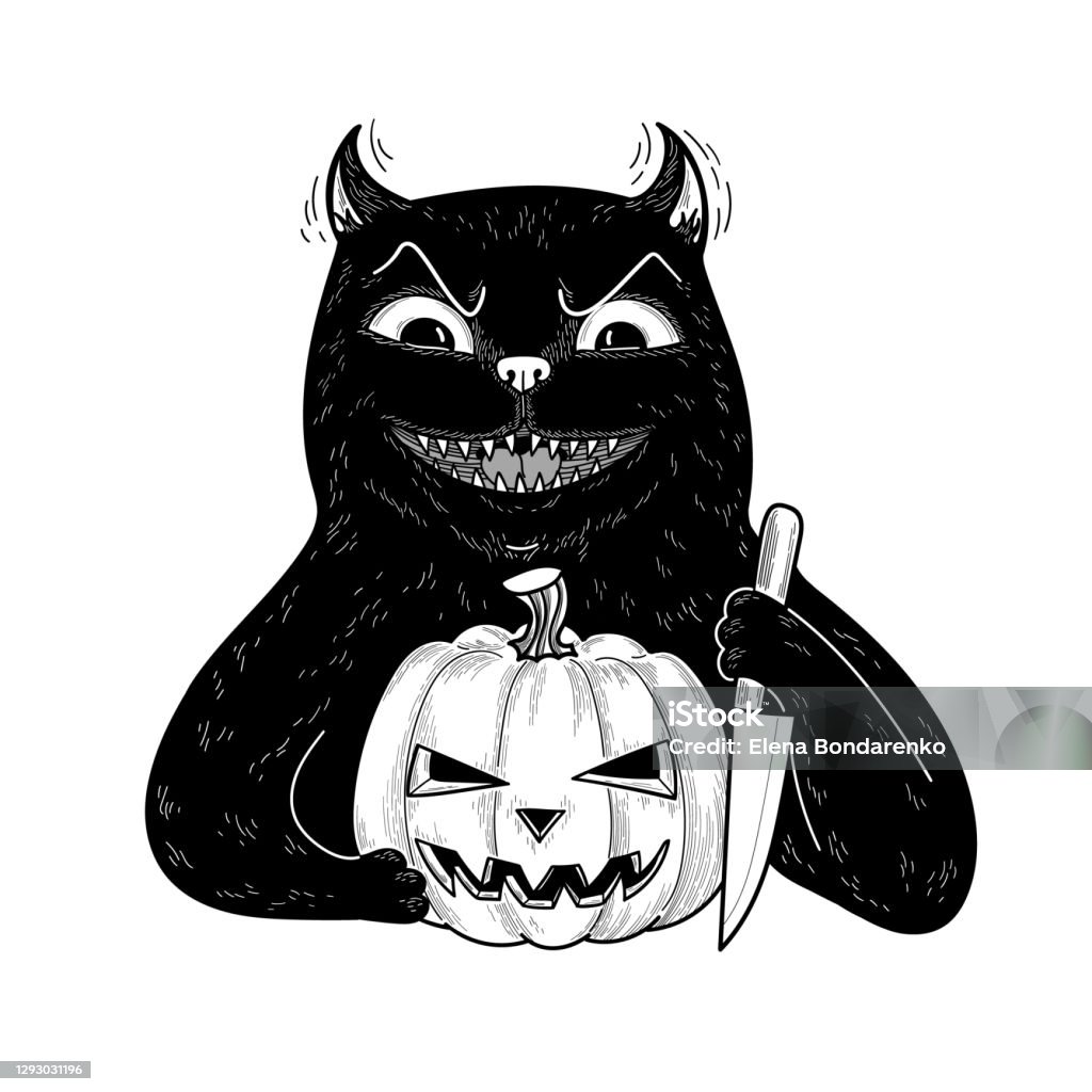 Mèo Đen Quỷ Đáng Ngại Với Bí Ngô Halloween Và Dao Nhân Vật Hoạt Hình Phẳng  Bị Cô Lập Trên Nền Trắng Hình Minh Họa Sẵn Có - Tải Xuống Hình Ảnh