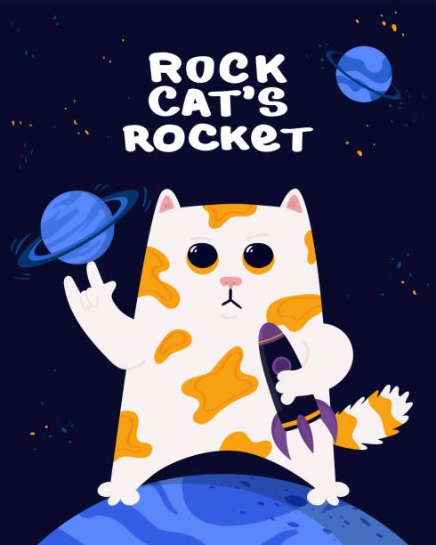 vektor lustige illustration. steinkatze rakete. hand gezeichnete schriftzüge. raum-design für banner, karte, postkarte, poster, aufkleber. - rocket booster stock-grafiken, -clipart, -cartoons und -symbole