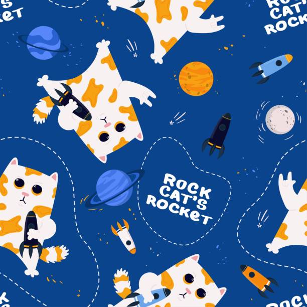 nahtloses vektormuster. steinkatze rakete. hand gezeichnete schriftzüge. raum-design für banner, karte, postkarte, poster, aufkleber, textil, drucke, hintergrund - rocket booster stock-grafiken, -clipart, -cartoons und -symbole