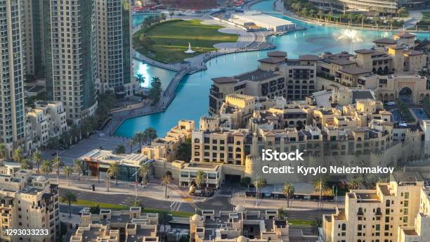 Top View Of The Bridge Over Manmade Lake Timelapse In Dubai Downtown United Arab Emirates Stock Photo - Download Image Now