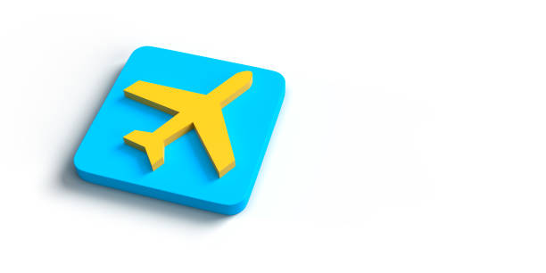 3D rendered plane icon on light blue plate with isolated white background. Due to %100 white background, you can crop or expand white background for copy space neeeds.