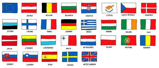 ilustraciones, imágenes clip art, dibujos animados e iconos de stock de conjunto de banderas de la unión europea - bandera ilustraciones
