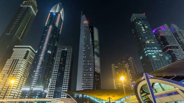 istock Downtown Dubai towers night timelapse hyperlapse. View of Sheikh Zayed road with tall skyscrapers 1293035610