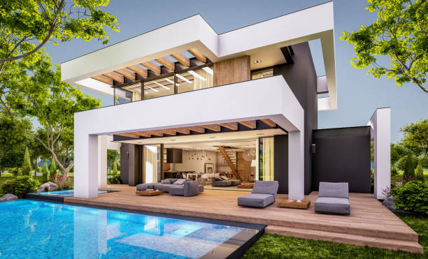 istock 3d rendering of modern house in luxurious style in evening 1293036267