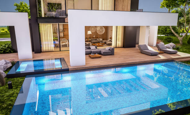 istock 3d rendering of modern house in luxurious style in evening 1293036269