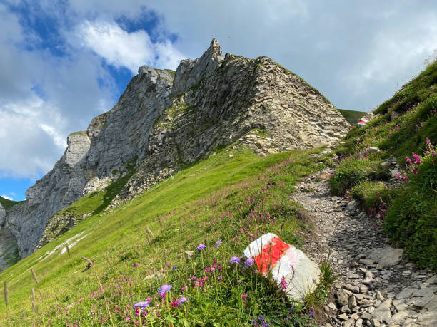 Mountaineering signposts and markings on the slopes of the Melchtal alpine valley and in the Uri Alps mountain massif, Kerns - Canton of Obwalden, Switzerland (Kanton Obwald, Schweiz) stock photo