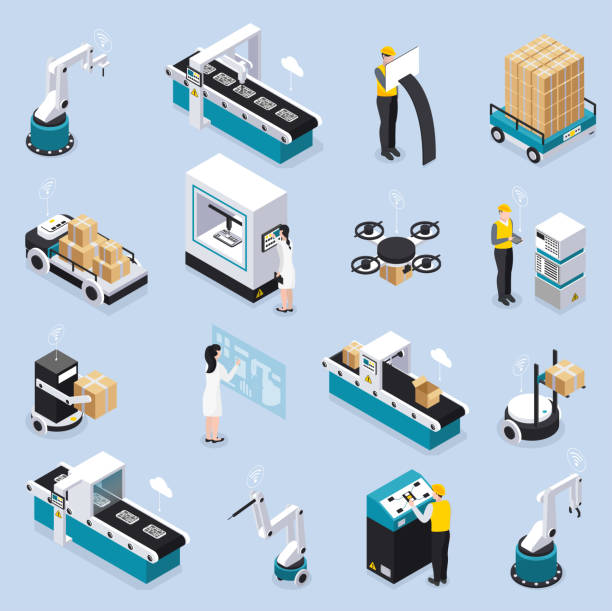 3 P isometric smart industry icons Isometric smart industry icon set with robotics tools and equipment service workers and scientists vector illustration robotics stock illustrations
