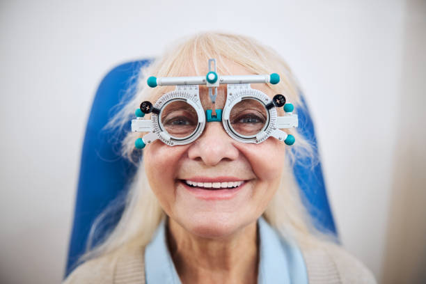 istock Merry woman with a trial frame looking ahead 1293039016