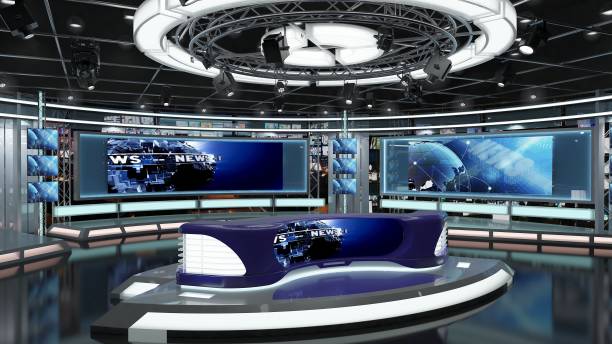 istock Virtual TV Studio News Set 1.2-5 Green screen background. 3d Rendering. 1293043944