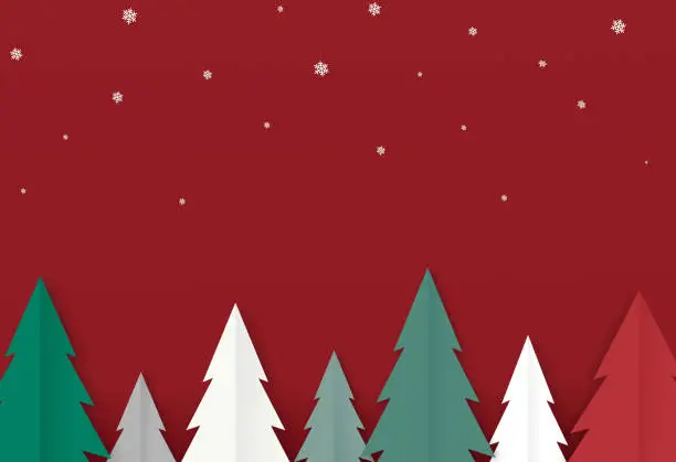 Vector illustration of Christmas trees, forest with falling snow,t, 3d paper cut style isolate on red , white or transparent   background,for new product, promotion, advertising, vector illustration