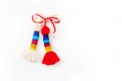 Traditional Bulgarian Martenitsa isolated on a white background stock photo. Baba Marta day concept.