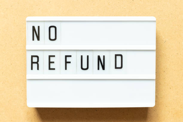 Lightbox with word no refund on wood background Lightbox with word no refund on wood background refundable stock pictures, royalty-free photos & images