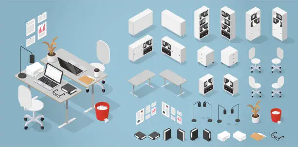 Vector illustration of Isometric Office Furniture Kit