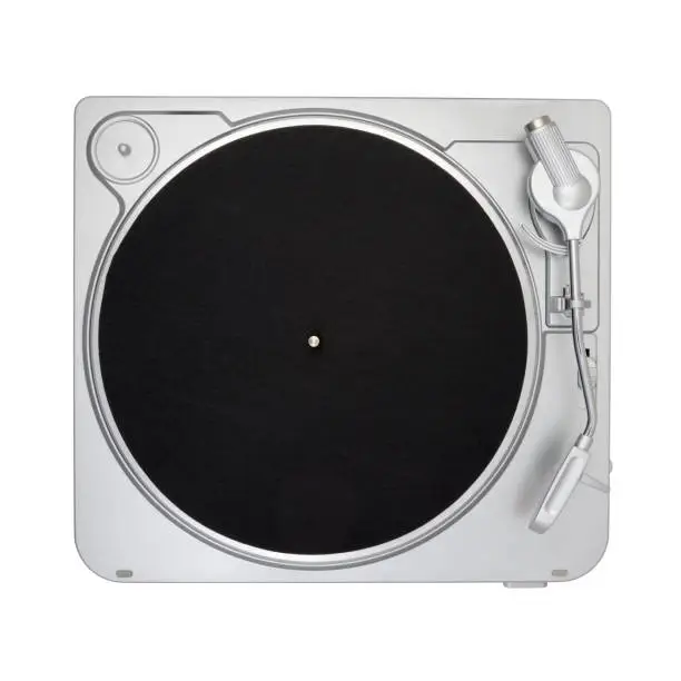 Empty turntable with black slipmat isolated on white background. Top view.