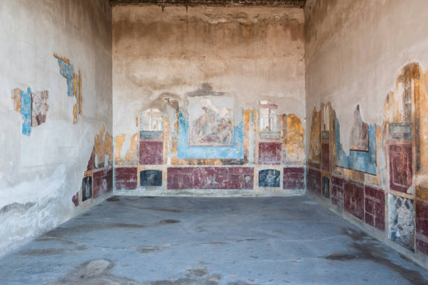 various frescoes or pinturss on walls in the archaeological park of pompeii