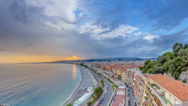 istock Sunset over Nice city and Mediterranean Sea aerial timelapse 1293055193