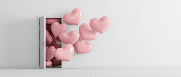 heart shaped balloons come out from the door in white room with copy space. valentines day concept 3d render - model home house balloon sign imagens e fotografias de stock