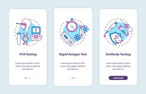 ilustrações de stock, clip art, desenhos animados e ícones de covid testing types onboarding mobile app page screen with concepts - pcr device