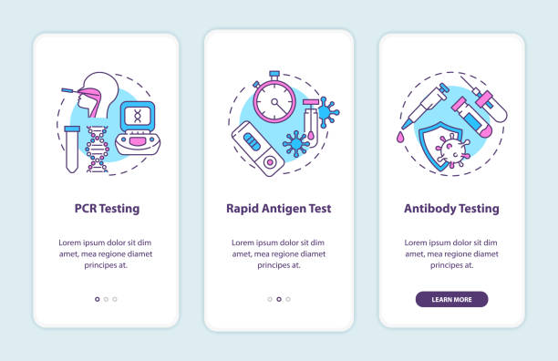 Covid testing types onboarding mobile app page screen with concepts Covid testing types onboarding mobile app page screen with concepts. PCR testing, antibody testing walkthrough 3 steps graphic instructions. UI vector template with RGB color illustrations antigen stock illustrations