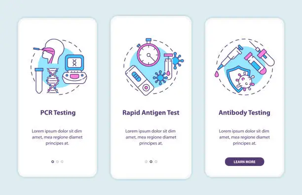 Vector illustration of Covid testing types onboarding mobile app page screen with concepts