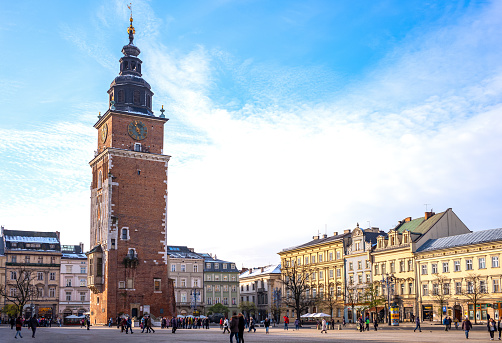 Cracow, Poland - December 5, 2017: View of the medieval Town Hall Tower in the Main Market Square