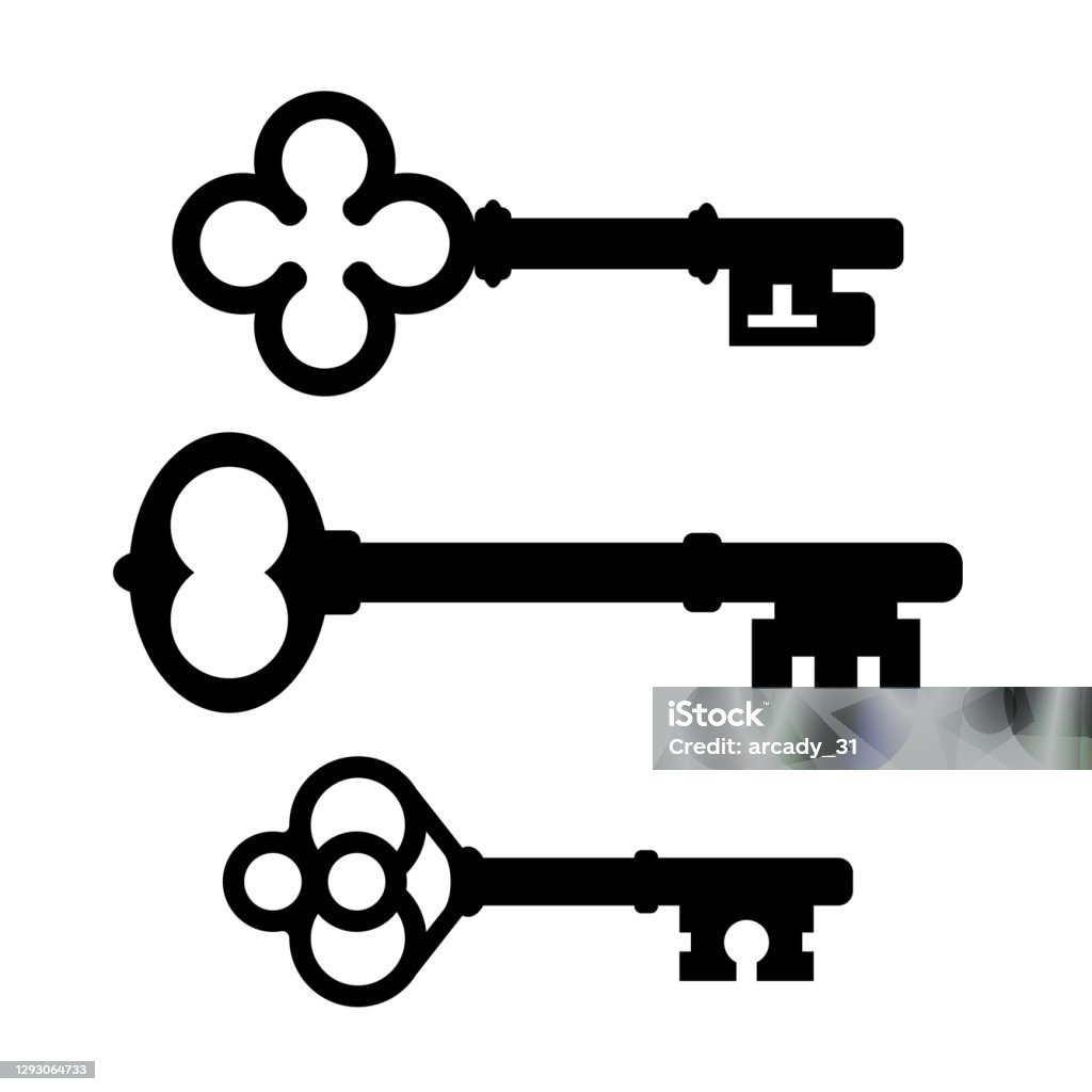 Old skeleton key vector icon Old ornate keys vector icons set isolated on white background Key stock vector