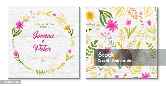istock Wedding Invitation Card Design with Hand Drawn Watercolor Spring Flowers with White Wood Background. Wedding Concept, Design Element. 1293065567