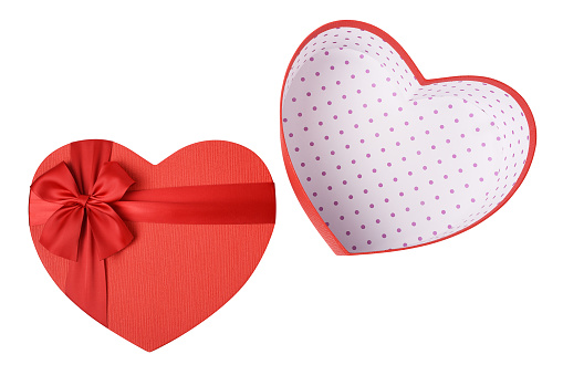 Directly above open heart shape red gift box isolated on the white background with clipping path