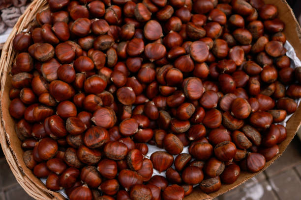 Istanbul, Turkey-November 30, 2020: Chestnut in Kadikoy Historical Fishermen's Bazaar, Full frame.