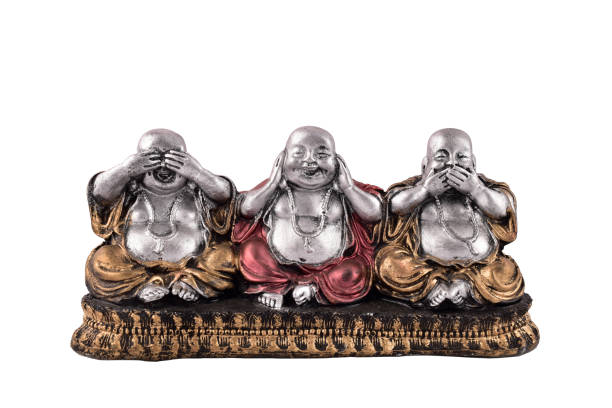 Three Wise Buddha See Hear Speak No Evil Laughing Buddha Statue isolated on White Background, buddha figurines