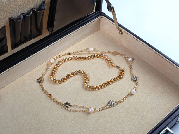 istock Two golden chain necklaces in open male black leather case 1293069956