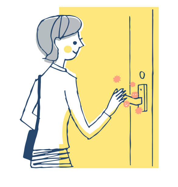 ilustrações de stock, clip art, desenhos animados e ícones de a woman touching a doorknob with a virus - open front door