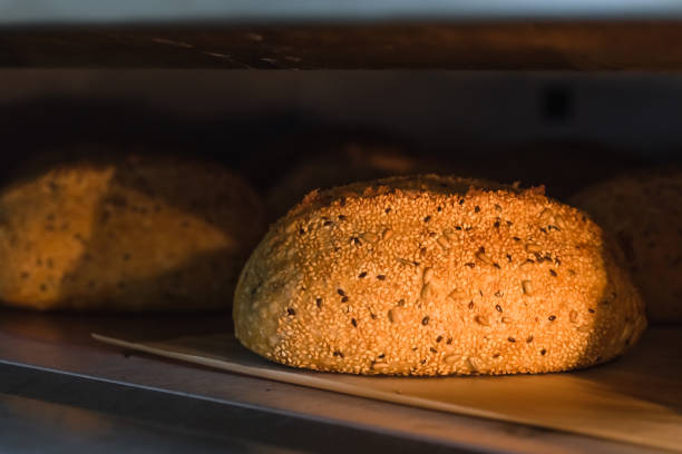 istock Ciabatta bread in an industrial oven. Making craft bread at the bakery 1293082269