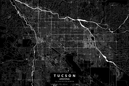 Poster Style Topographic / Road map of Tucson, AZ, USA. Original map data is open data via © OpenStreetMap contributors. All maps are layered and easy to edit. Roads are editable stroke.