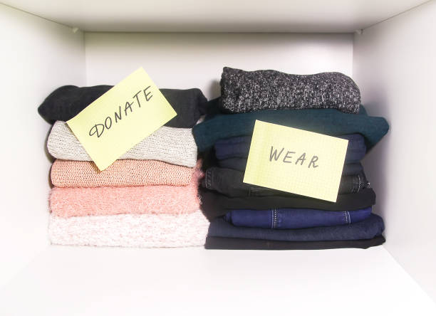 istock Home wardrobe with different items of clothing. Seasonal clothes sorting. Small space organization. 1293086464