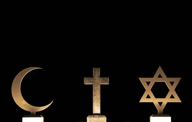 Symbols of the Three main  Faiths of the world  crescent moon for Islam, holy cross for Christianity and David star for Judaism