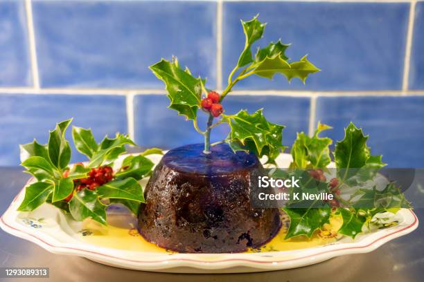 Brandy Burning Over A Traditional Christmas Pudding Stock Photo - Download Image Now