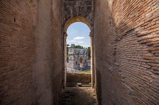 Archaeological ruin of ancient Roman city Pompeii, was destroyed by eruption of Vesuvius, volcano nearby city in Pompeii, Campania region, Italy.