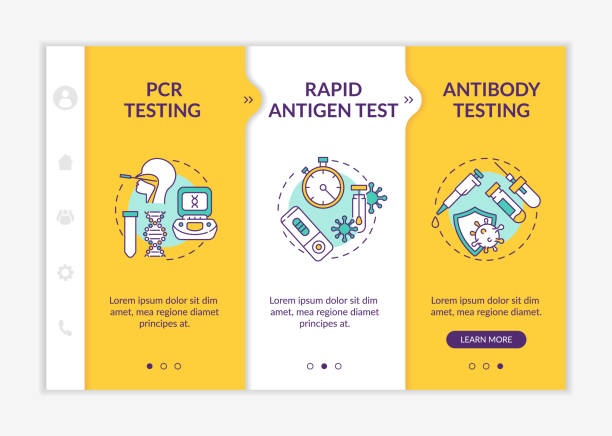 Coronavirus testing types onboarding vector template Coronavirus testing types onboarding vector template. Rapid antigen test. Checking for antibodies in blood. Responsive mobile website with icons. Webpage walkthrough step screens. RGB color concept antigen stock illustrations