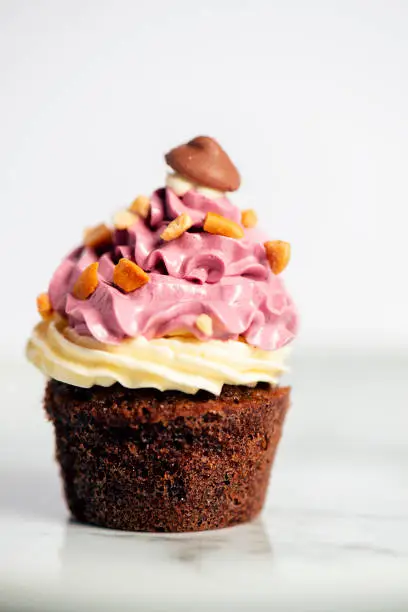 Chocolate cupcake with Swiss meringue buttercream, dessert food background.
