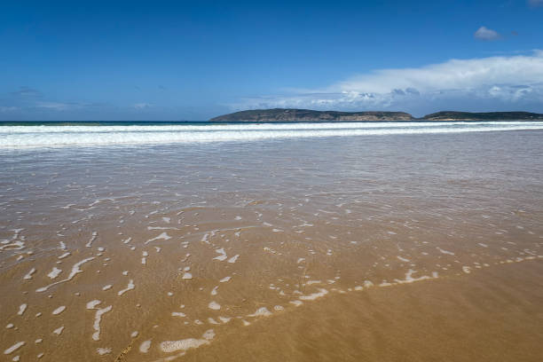 Scenic view of Plettenberg Bay beach, South Africa with Robberg Nature Reserve against blue sky with clouds