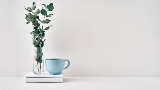 a mug, a stack of books, a wooden board and a transparent vase with eucalyptus branches. eco-friendly materials in interior decor, minimalism. copy space, mock up - 13584 imagens e fotografias de stock